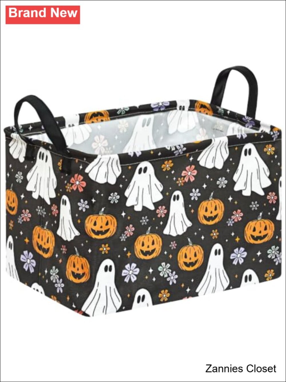 👻 Halloween Ghost Pumpkin Floral Storage Basket Leather Handles Collapsible Bin